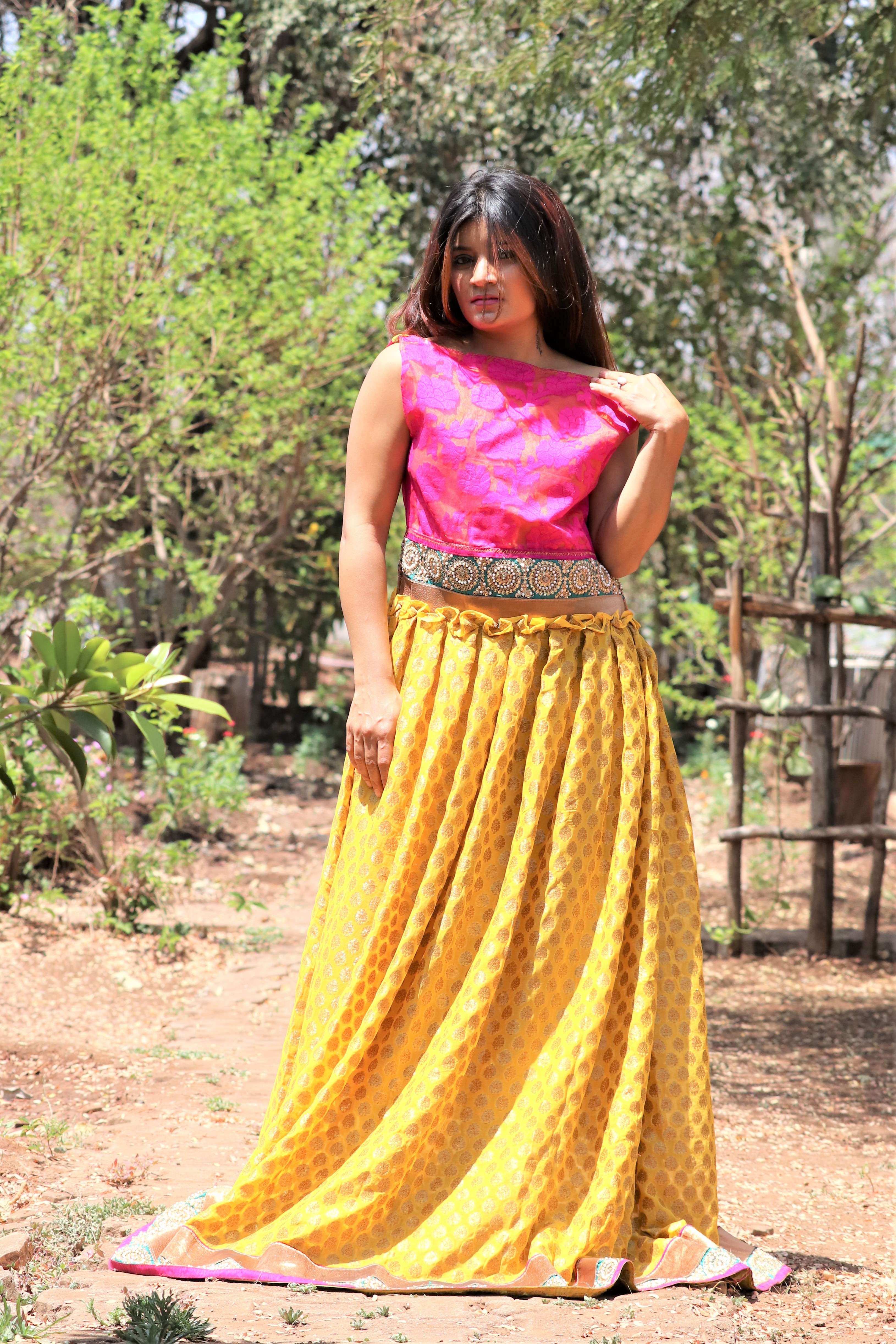 Georgette Gown - Plunging V Neck, Yellow And Pink Floral Pattern | Sleeveless, Floor Length, Ideal For Ethnic Photo Shoots