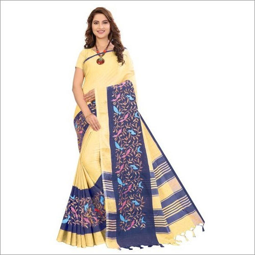 Multi Color Plain Linen Saree With Embroidery Work