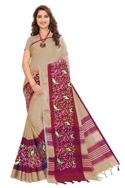 Multi Color Plain Linen Saree With Embroidery Work