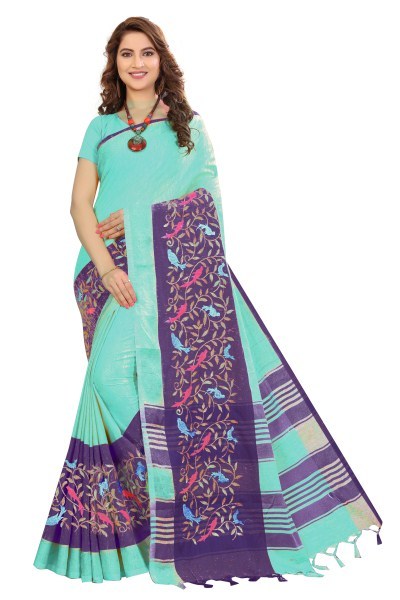 Multi Color Plain Linen Saree With Embroidery Work