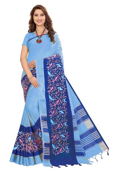 Multi Color Plain Linen Saree With Embroidery Work