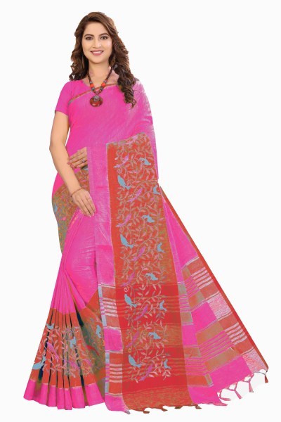 Multi Color Plain Linen Saree With Embroidery Work