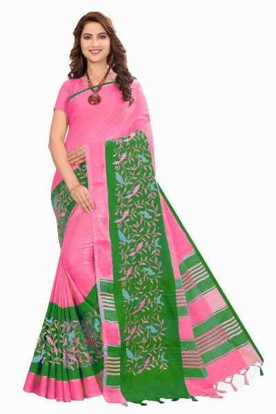 Multi Color Plain Linen Saree With Embroidery Work