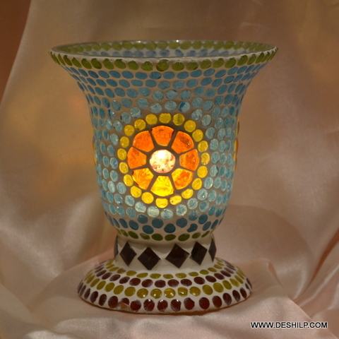 Glass Sky Blue Mosaic With Yellow Flower Design Table Lamp