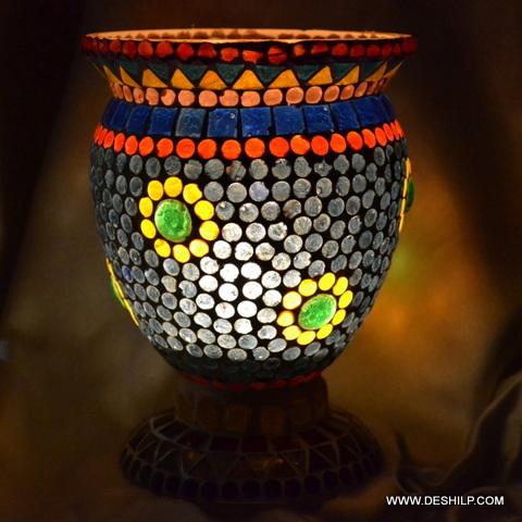 Glass Blue Mosaic Candle Holder