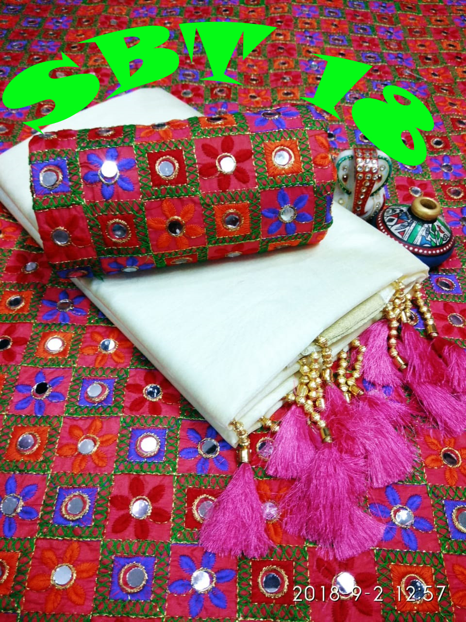 Mirror Work Cotton Sarees - Cotton Silk, 5.5 Mtr Length, 0.8 Mtr Blouse, Multicolor, Embroidered Pattern | Suitable For Rainy, Spring, Summer, Winter Seasons