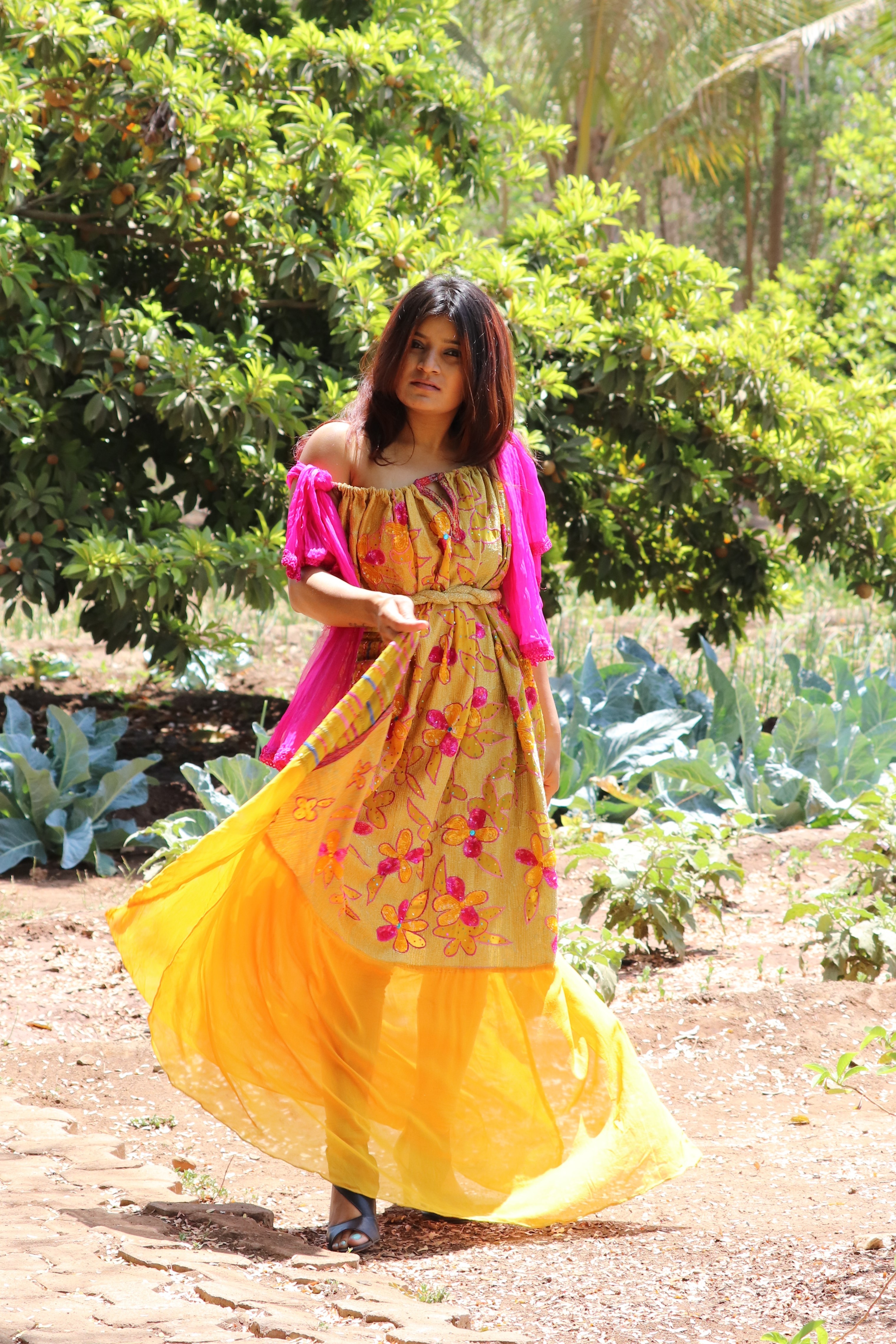 Georgette Embroidered Gown - Yellow A-line, Long Sleeves, Floral Embroidery, Boat Neck, Floor Length