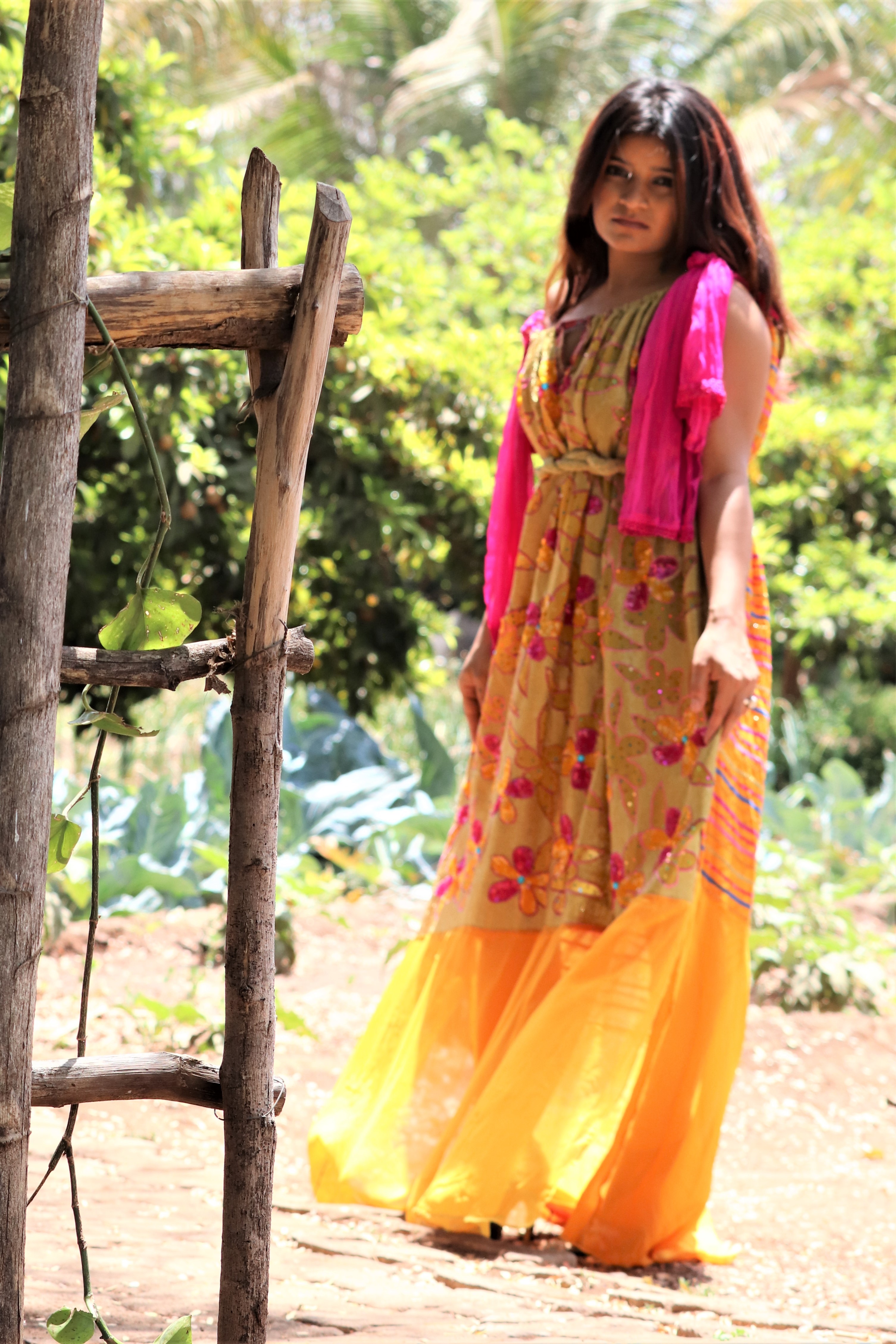 Georgette Embroidered Gown - Yellow A-line, Long Sleeves, Floral Embroidery, Boat Neck, Floor Length