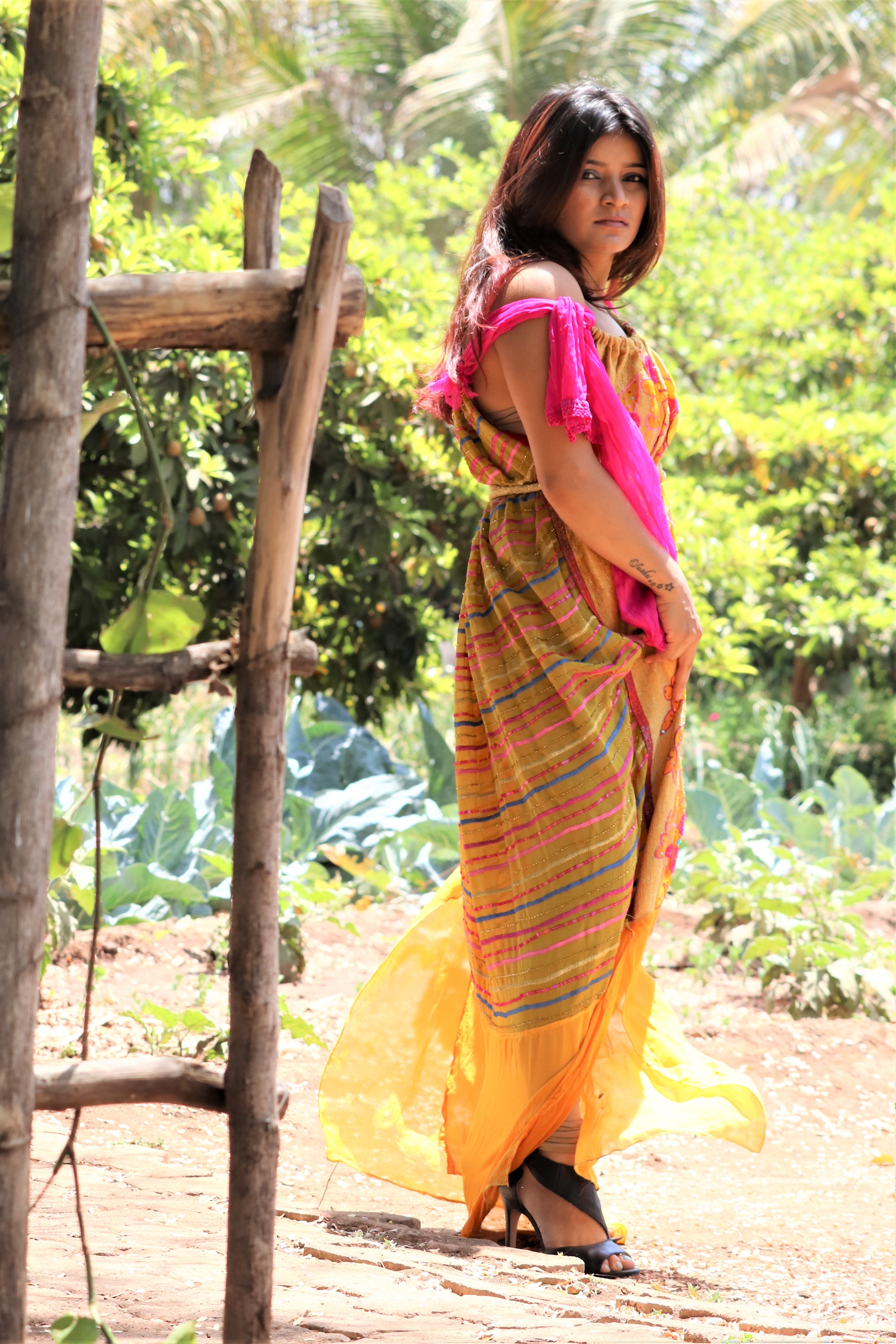 Georgette Embroidered Gown - Yellow A-line, Long Sleeves, Floral Embroidery, Boat Neck, Floor Length