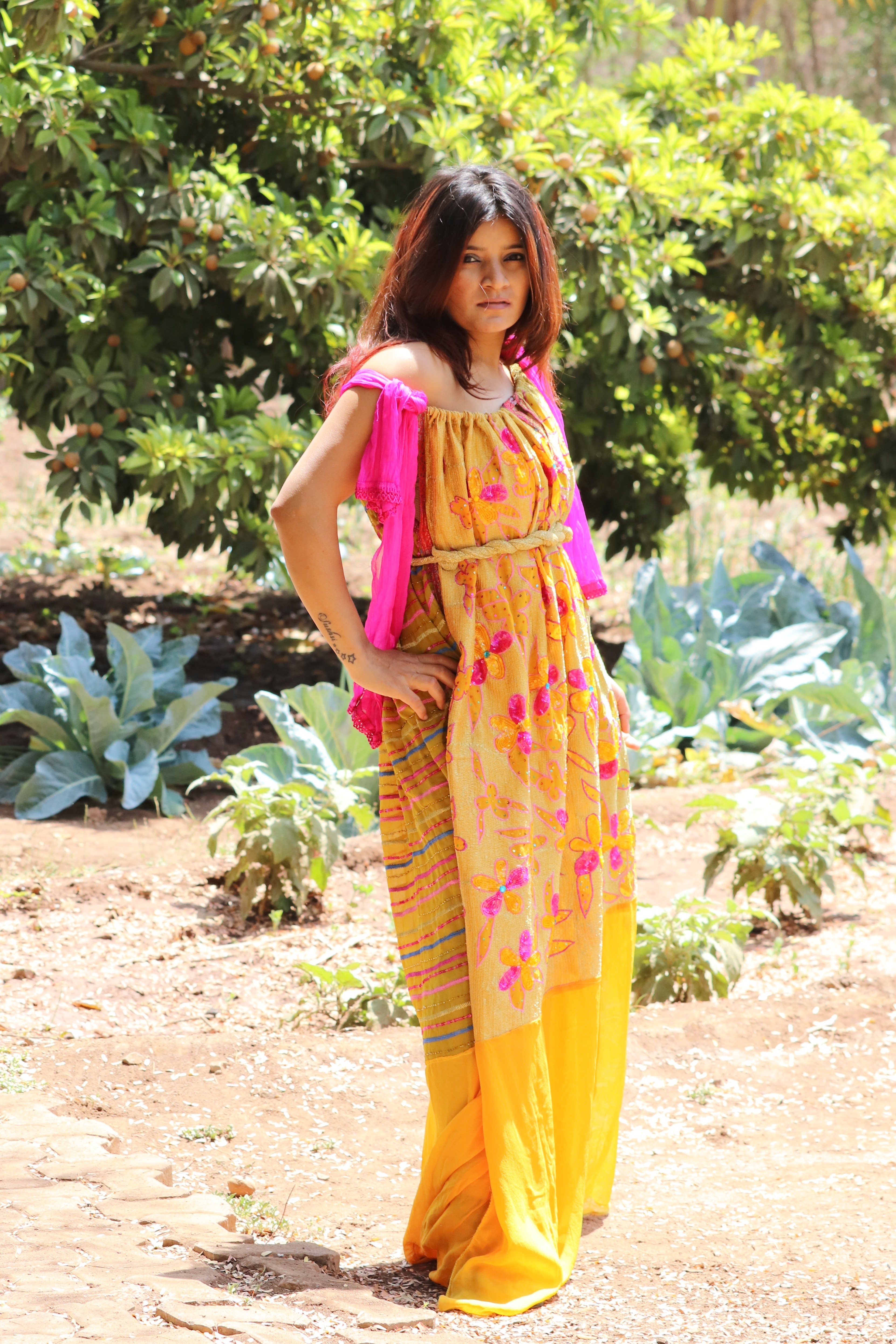 Georgette Embroidered Gown - Yellow A-line, Long Sleeves, Floral Embroidery, Boat Neck, Floor Length