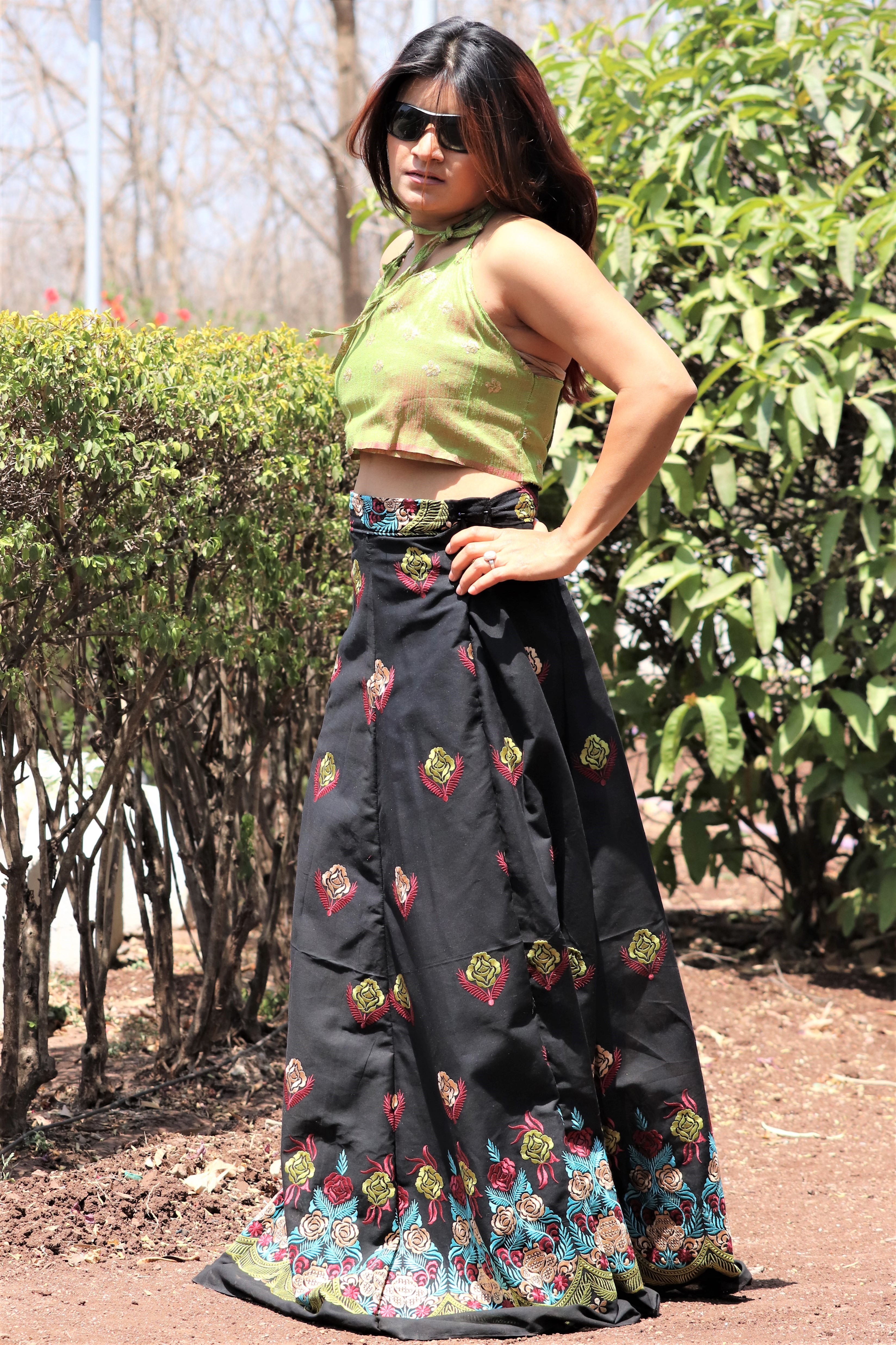 Lehnga - Black Cotton A-line, Embroidered With Summery Green Halter Neck Top | Quick Dry, Sleeveless Design, Casual Ethnic Wear