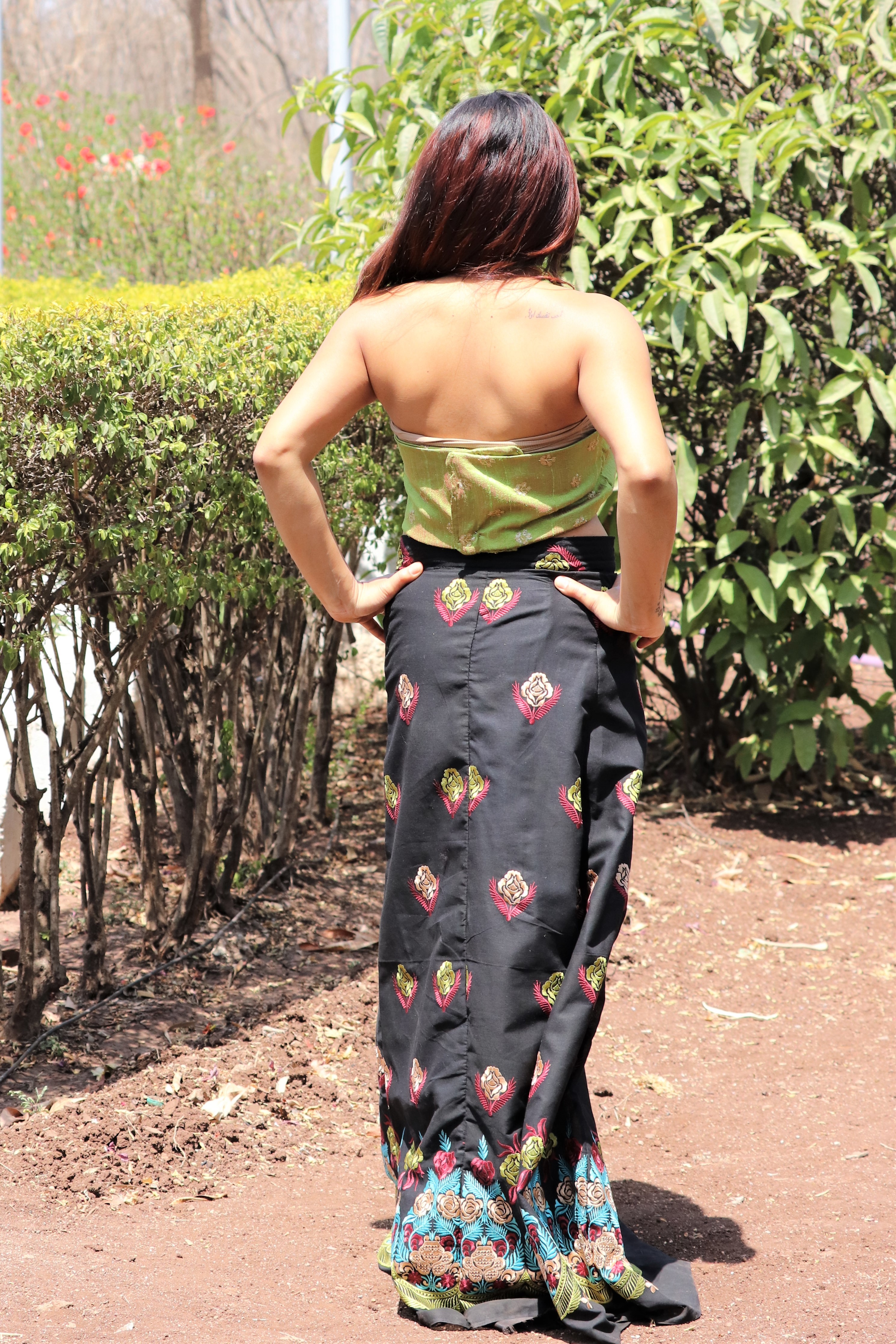 Lehnga - Black Cotton A-line, Embroidered With Summery Green Halter Neck Top | Quick Dry, Sleeveless Design, Casual Ethnic Wear