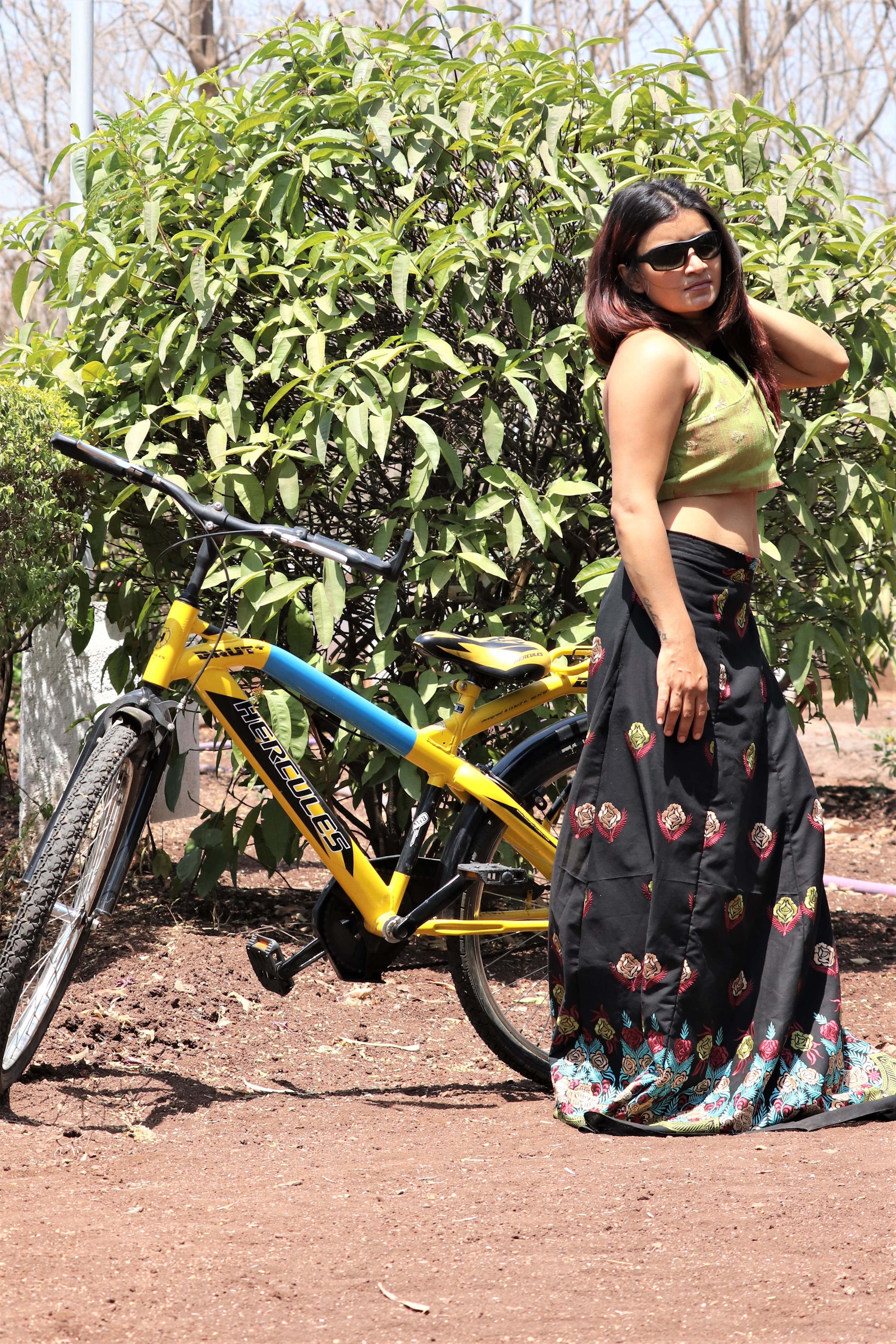 Lehnga - Black Cotton A-line, Embroidered With Summery Green Halter Neck Top | Quick Dry, Sleeveless Design, Casual Ethnic Wear