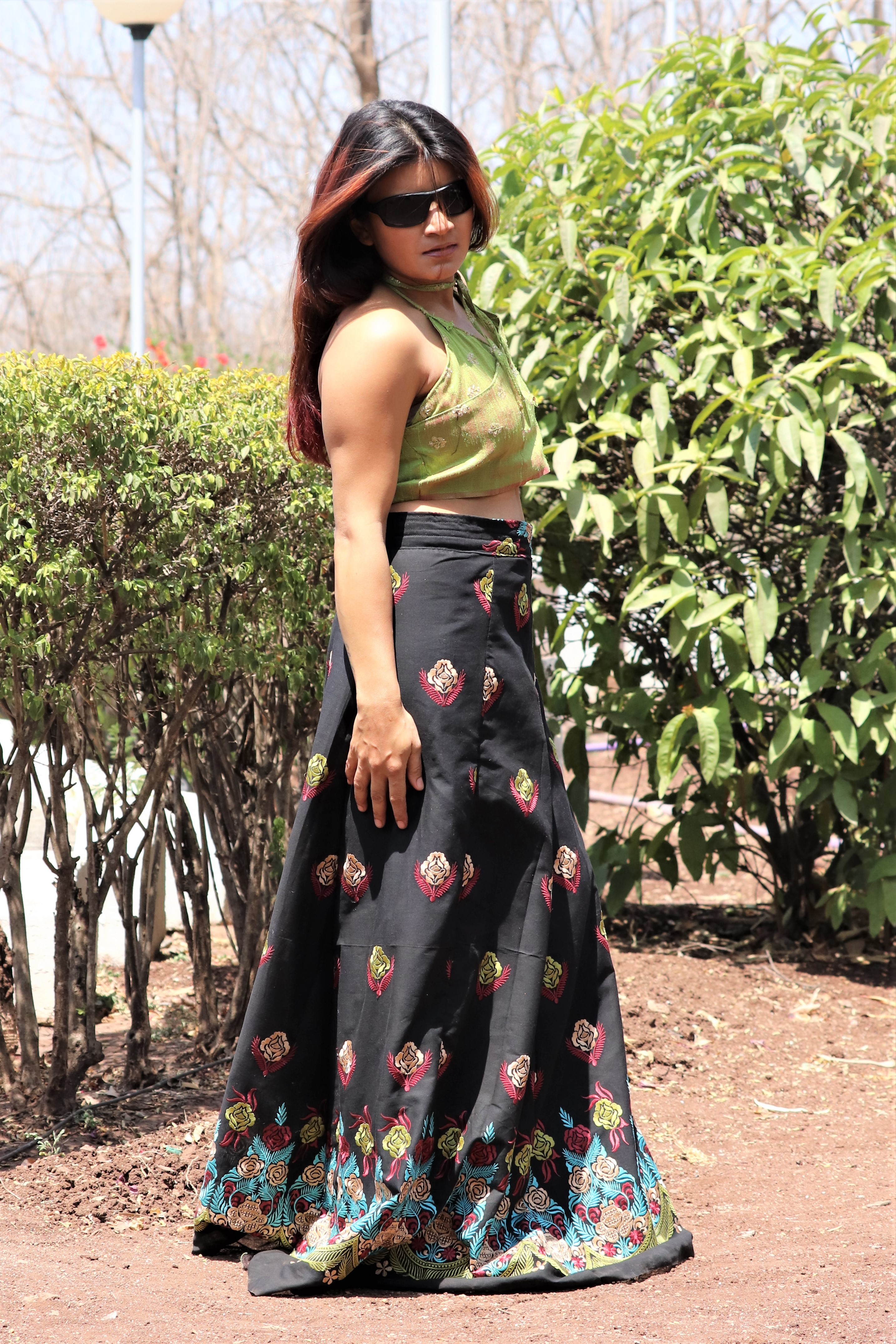 Lehnga - Black Cotton A-line, Embroidered With Summery Green Halter Neck Top | Quick Dry, Sleeveless Design, Casual Ethnic Wear