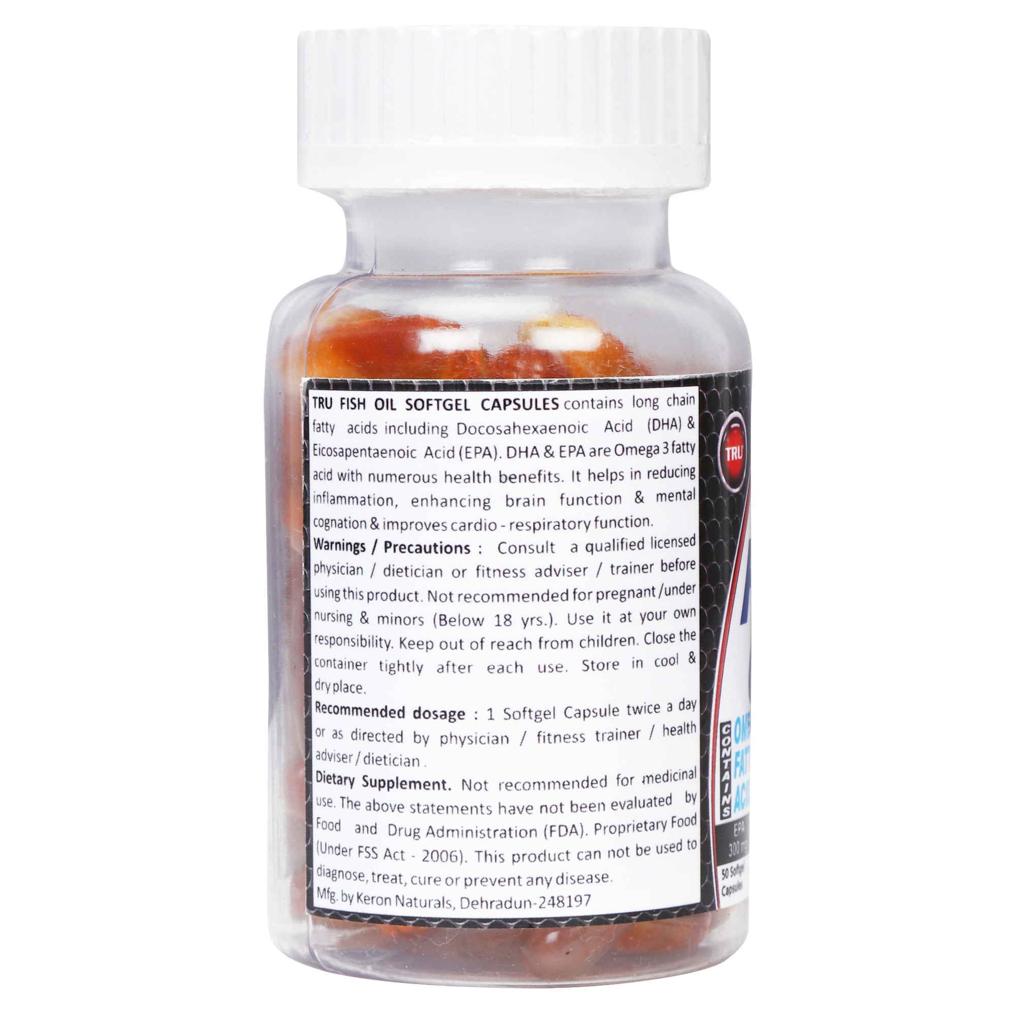 Tru Fish Oil Soft Gel Capsules - 1000mg Omega 3 Dha 200mg & Epa 300mg | Improves Cardio-respiratory Function, Enhances Brain Function & Immunity