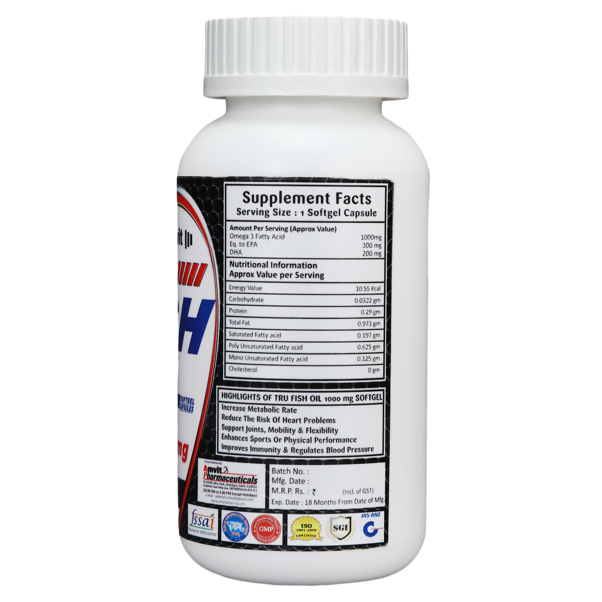 Tru Fish Oil Soft Gel Capsules - 1000mg Omega 3 Dha 200mg & Epa 300mg | Improves Cardio-respiratory Function, Enhances Brain Function & Immunity