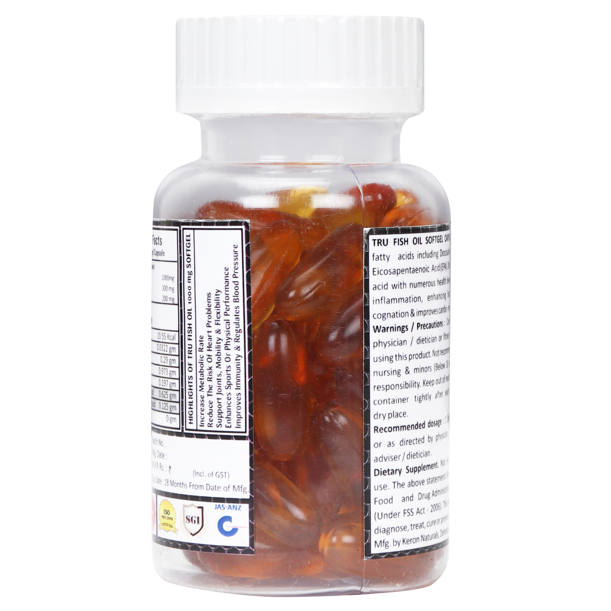 Tru Fish Oil Soft Gel Capsules - 1000mg Omega 3 Dha 200mg & Epa 300mg | Improves Cardio-respiratory Function, Enhances Brain Function & Immunity