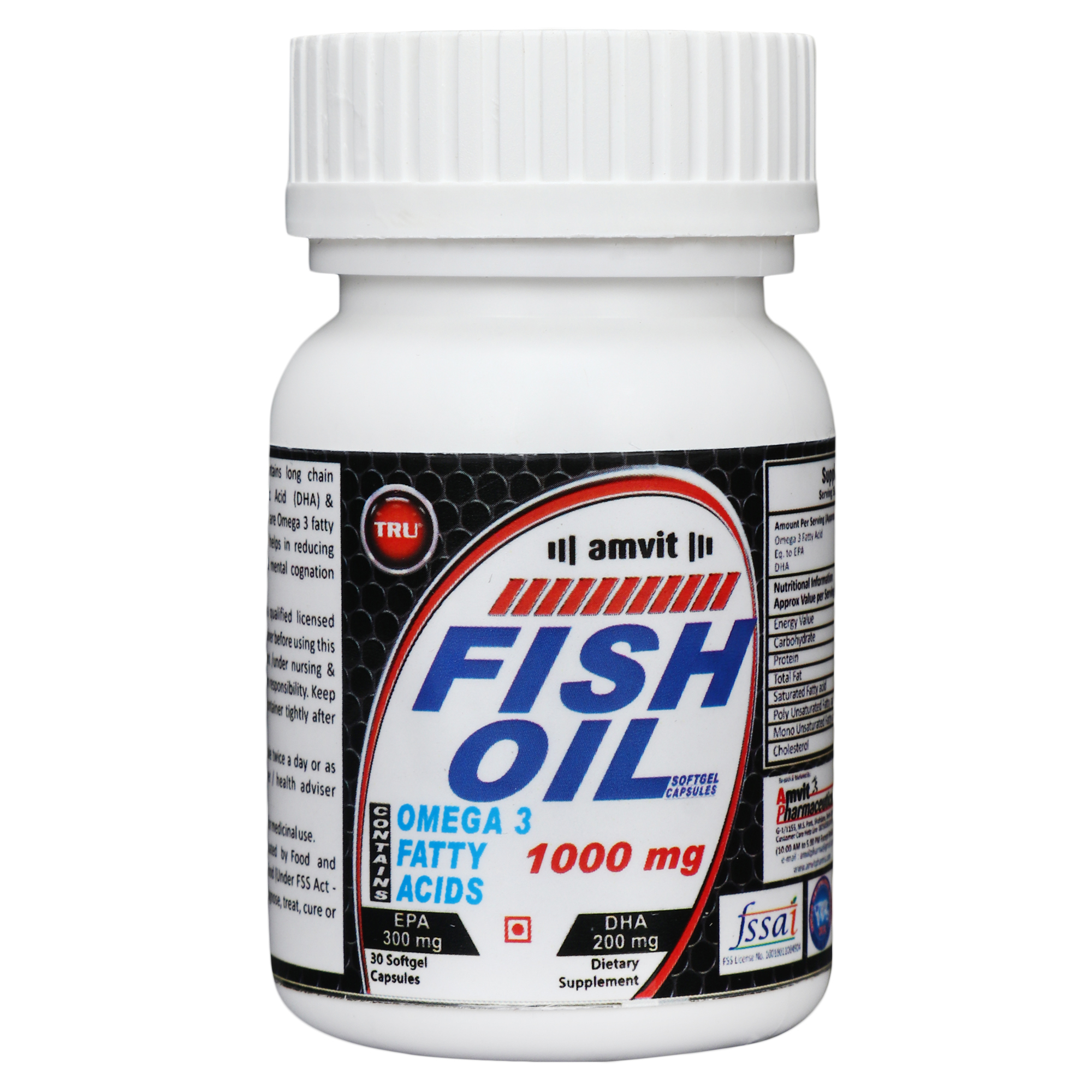 Tru Fish Oil Soft Gel Capsules - 1000mg Omega 3 Dha 200mg & Epa 300mg | Improves Cardio-respiratory Function, Enhances Brain Function & Immunity