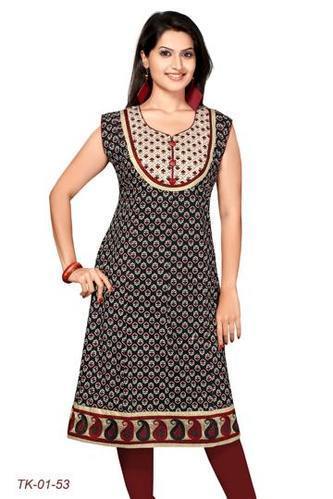 Kurti - Cotton, Knee Length, Black | Sleeveless, Round Neck, Printed Design