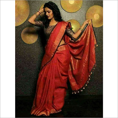 ऑरेंज प्योर लिनन साड़ी