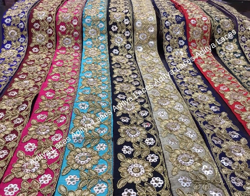 Embroidery Border Lace - 2-3 Inch Width, 9 Meter Roll | Cotton Material, One Sided, Embroidered Pattern, Decoration with Sequins, Golden Zari Work