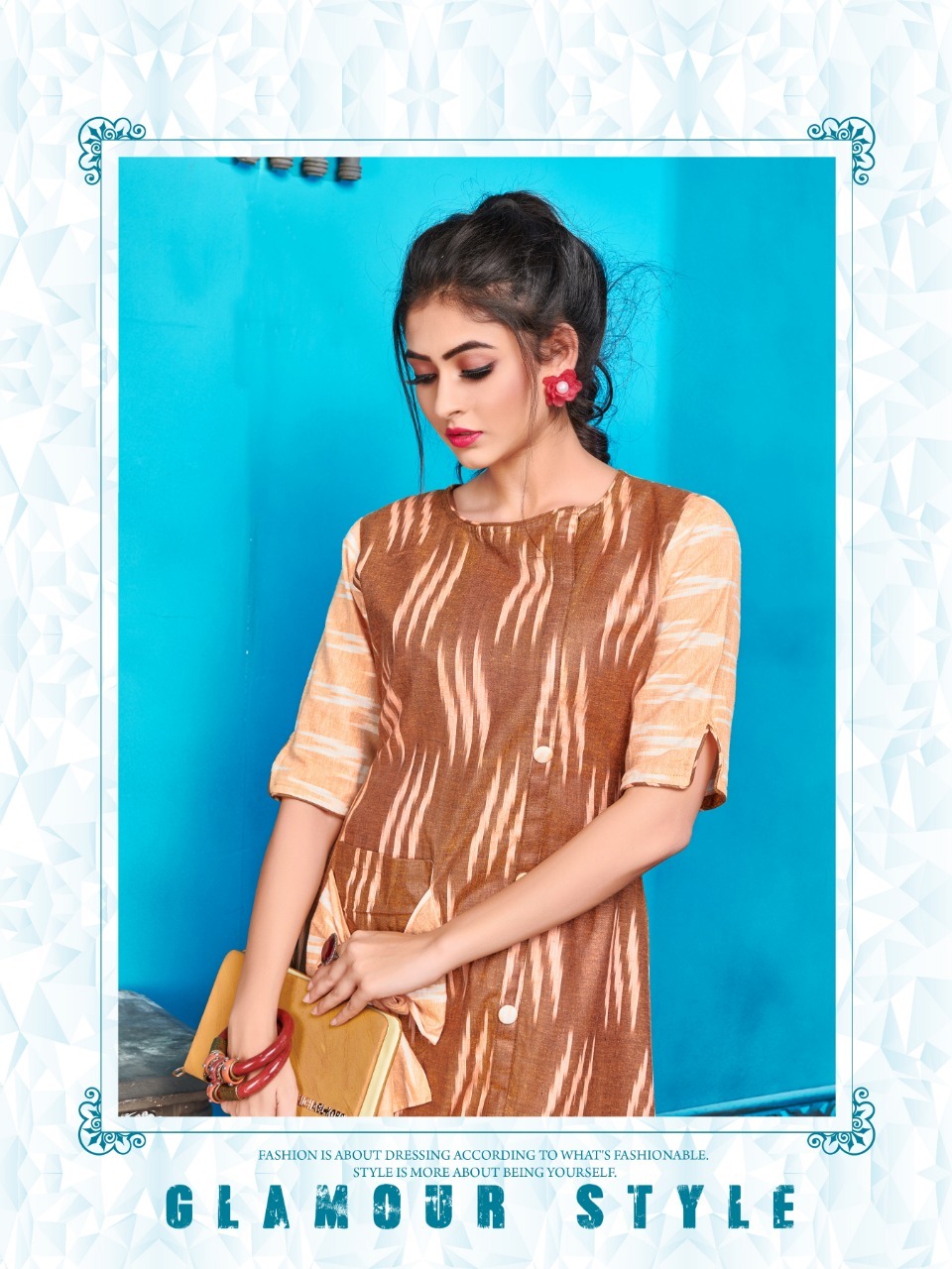 Tunic - Cotton Handloom Ikkat, Sizes S(36)-xxl(44), Mustard Color, Short Sleeves, Trendy Printed Pattern, 35 Inch Length, Summer Collection 2019
