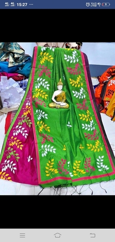 Handloom Saree - 5.5 Yards, Silk Material, Green Color with Appliqué Design and Contrast Border
