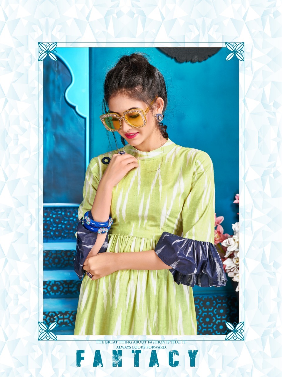 Tunic - Cotton Handloom Ikkat, Sizes S(36)-xxl(44), Color: Parrot, Length: 35 Inch, Short Sleeves, Printed Pattern, Ideal For Summer Wear