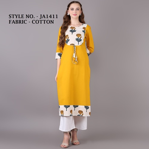 Ladies Fancy Cotton Kurti - Cotton, Size M/L/XL/XXL, Color Yellow | 3/4 Sleeve, Breathable, No Fade, Quick Dry, Casual A-Line Design