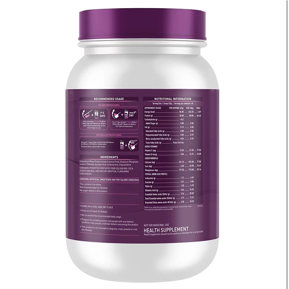 Muscleblaze Iso-whey Women Protein, 2.2 Lb(1kg) Strawberry Ingredients: Instantized Whey Protein Isolate (Lactose-free)