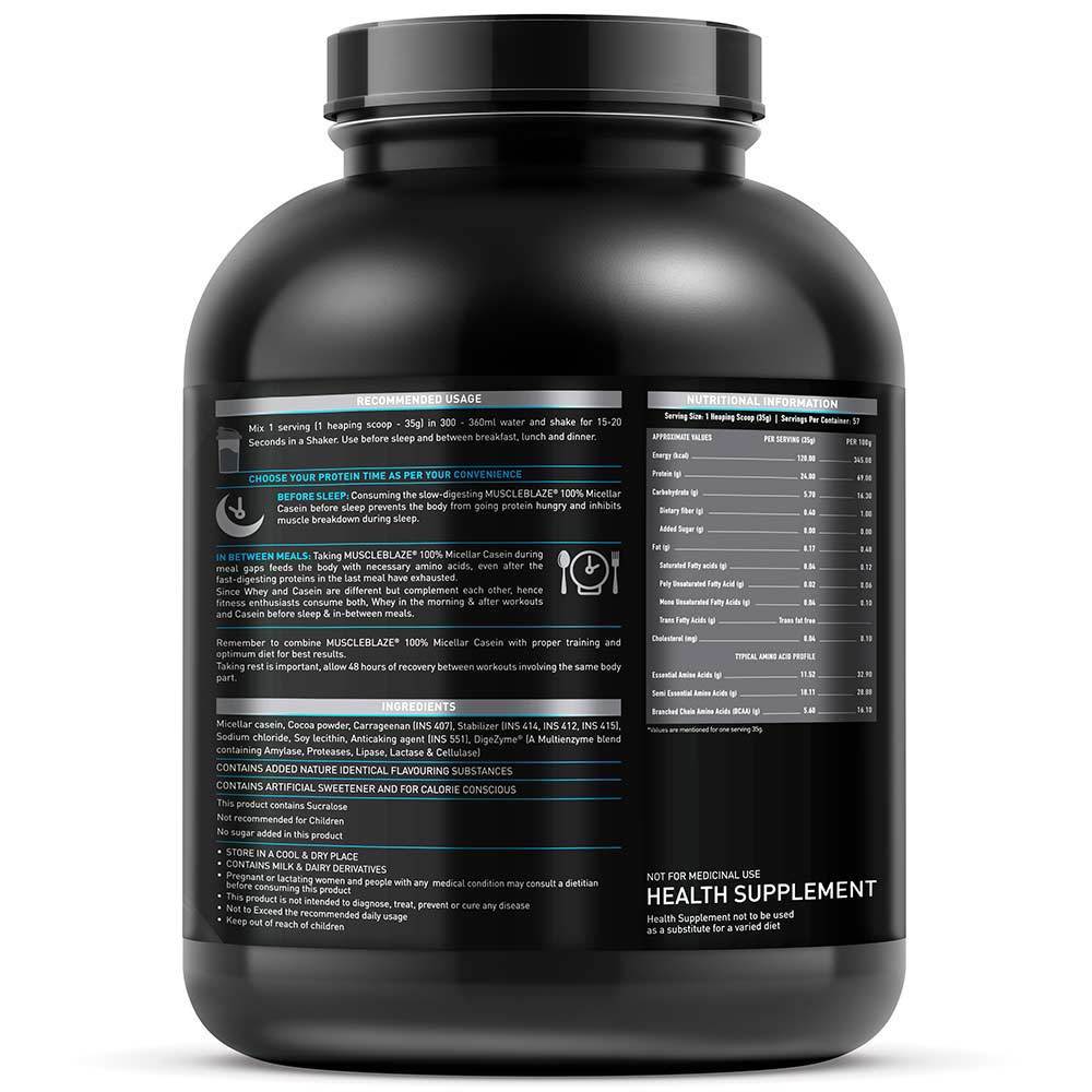 Muscleblaze 100% Micellar Casein - 4.4 Lb Chocolate | Premium Milk-derived Casein, 24g Protein, 5 Digestive Enzymes, 5.6g Bcaas For Enhanced Muscle Recovery