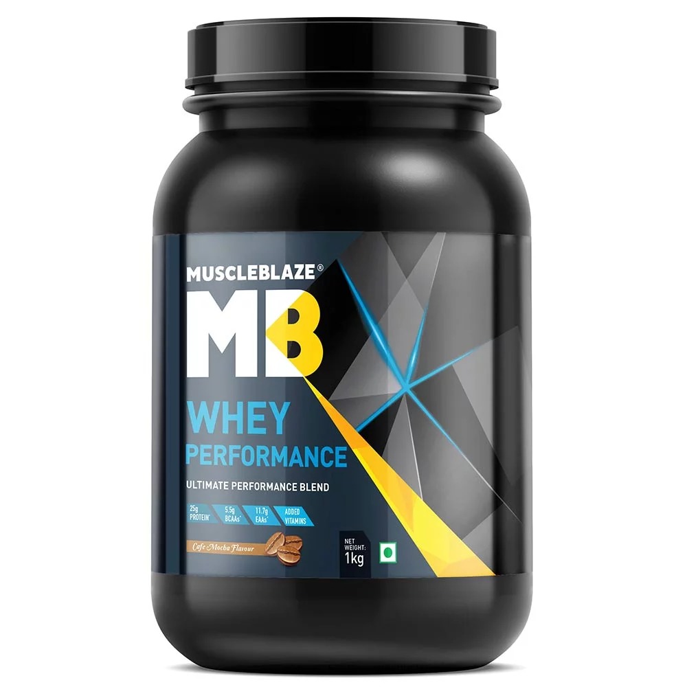 Muscleblaze Whey Performance - 2.2 Lb (1kg) Cafe Mocha | 25.20g Pure Whey Protein, 11.75g Eaas, 5.51g Bcaas, 13 Essential Vitamins, Zero Added Sugar, Digestive Enzymes
