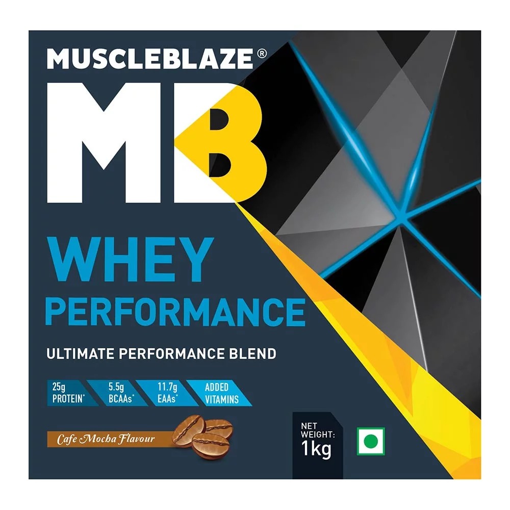 Muscleblaze Whey Performance - 2.2 Lb (1kg) Cafe Mocha | 25.20g Pure Whey Protein, 11.75g Eaas, 5.51g Bcaas, 13 Essential Vitamins, Zero Added Sugar, Digestive Enzymes