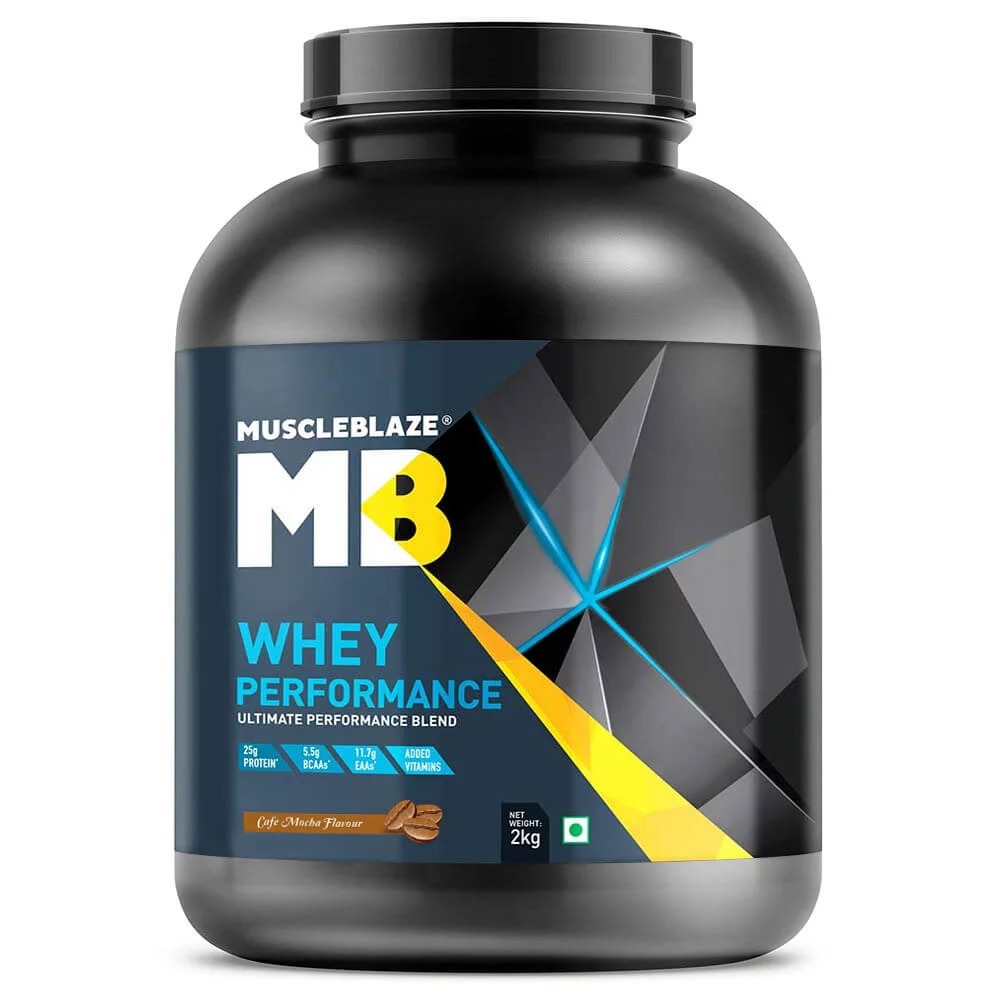 Muscleblaze Whey Performance - 36g Serving, 70% Protein | Cafe Mocha Flavor, 25.20g Pure Whey Protein, 13 Essential Vitamins, Zero Added Sugar, Digezyme Digestive Enzymes
