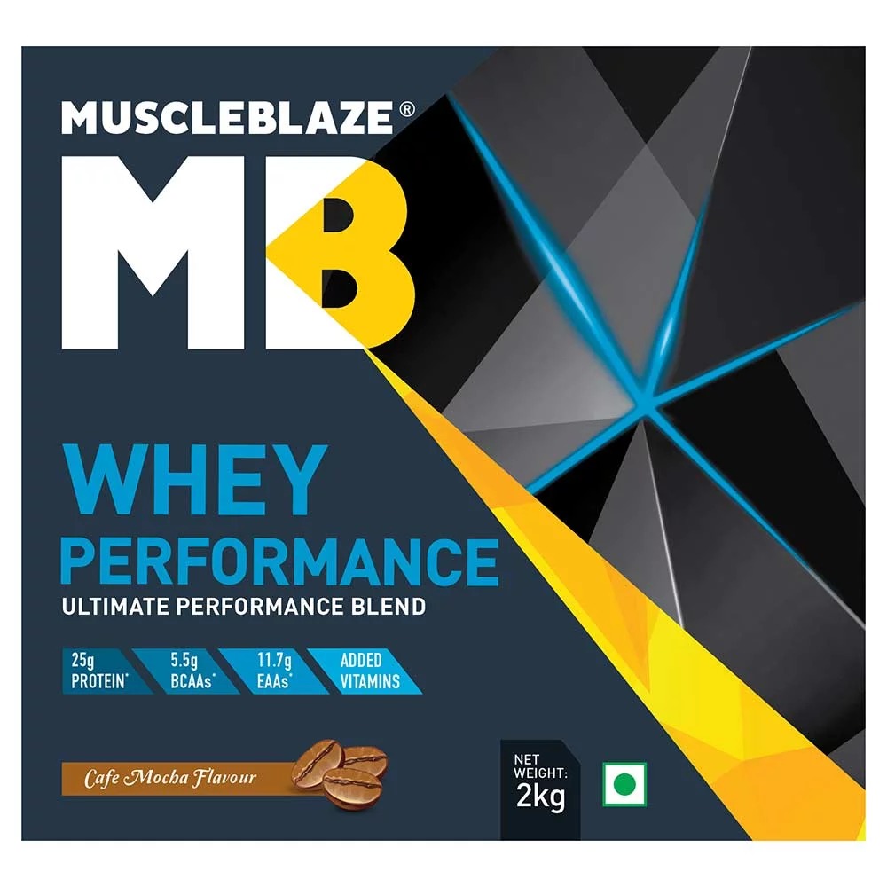 Muscleblaze Whey Performance - 36g Serving, 70% Protein | Cafe Mocha Flavor, 25.20g Pure Whey Protein, 13 Essential Vitamins, Zero Added Sugar, Digezyme Digestive Enzymes