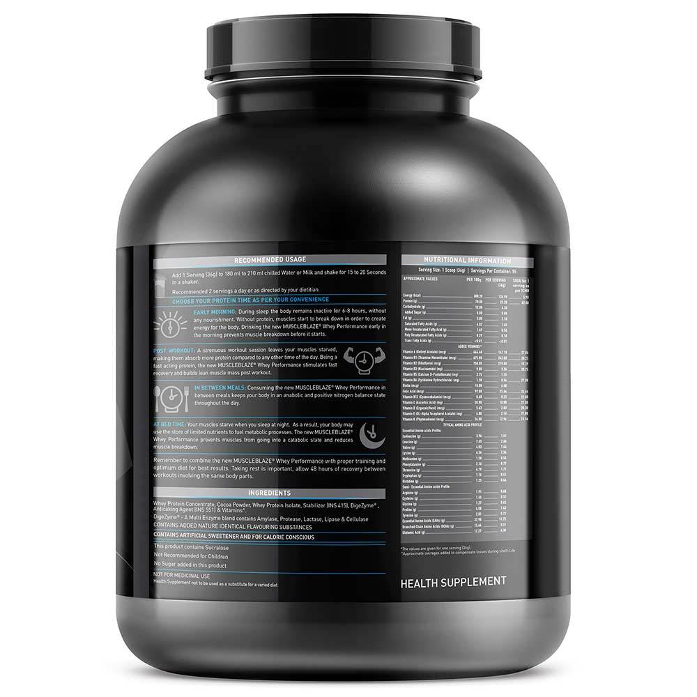 Muscleblaze Whey Performance - 36g Serving, 70% Protein | Cafe Mocha Flavor, 25.20g Pure Whey Protein, 13 Essential Vitamins, Zero Added Sugar, Digezyme Digestive Enzymes