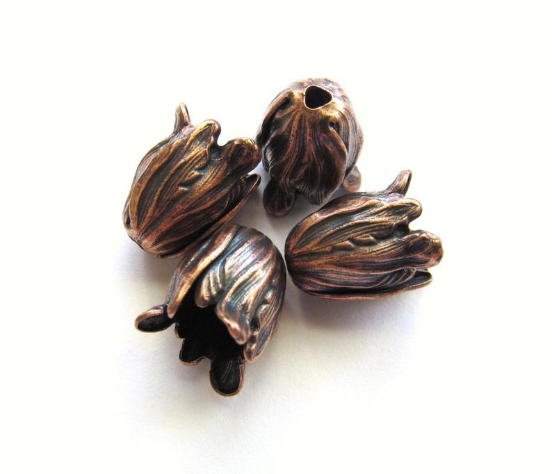 Brass Antiqued Copper Tulip Flower Bead Caps