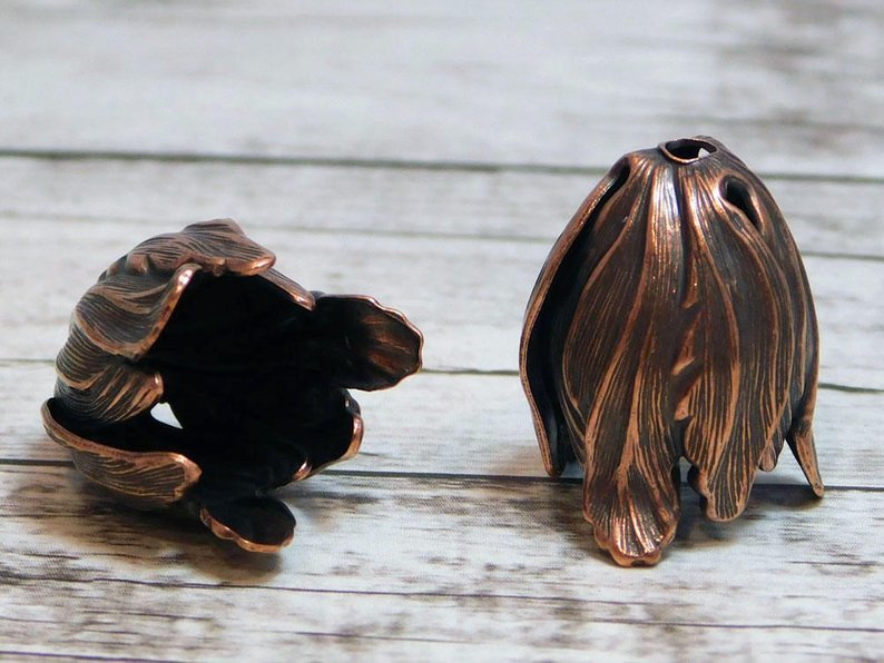 Brass Antiqued Copper Tulip Flower Bead Caps