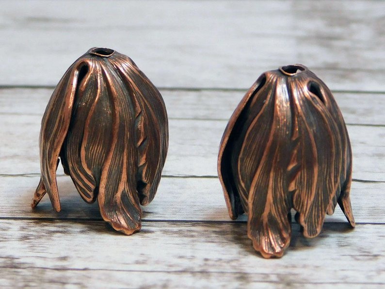Brass Antiqued Copper Tulip Flower Bead Caps