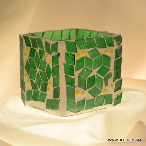 Glass Green Mosaic Candle Holder