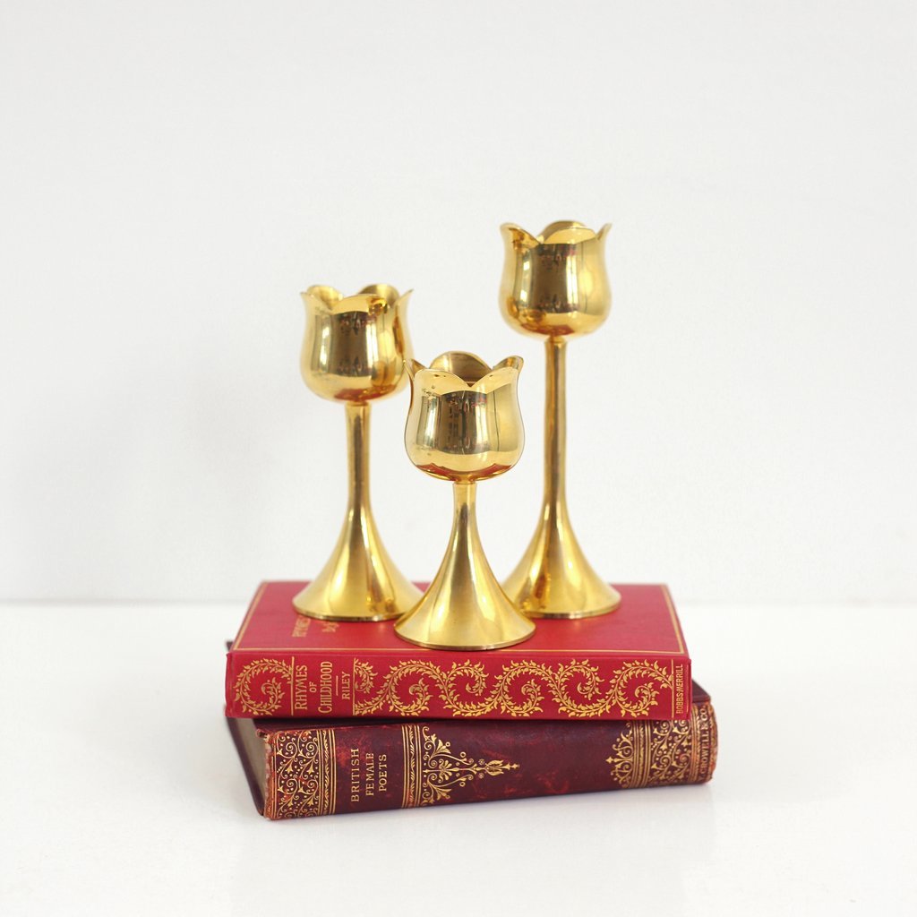 Gold Trio Of Mid Century Brass Tulip Candlesticks