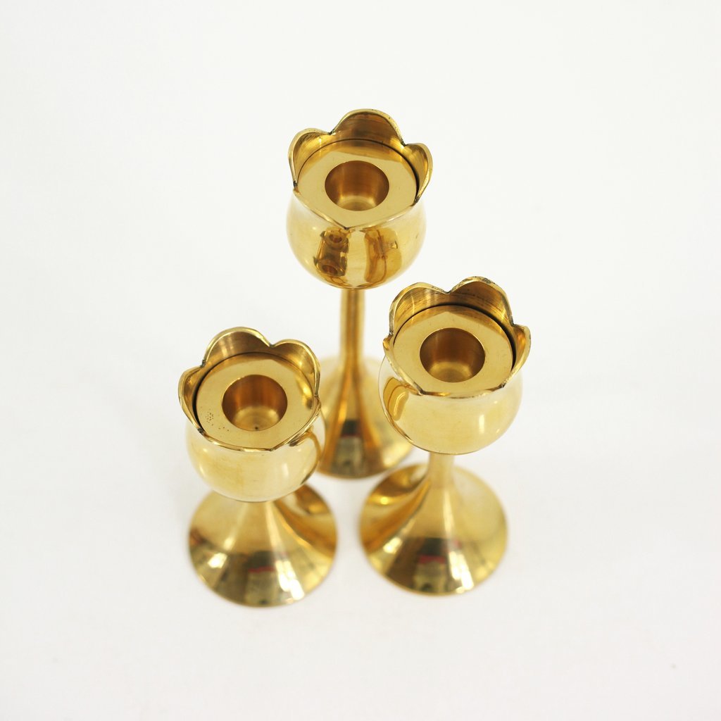 Gold Trio Of Mid Century Brass Tulip Candlesticks