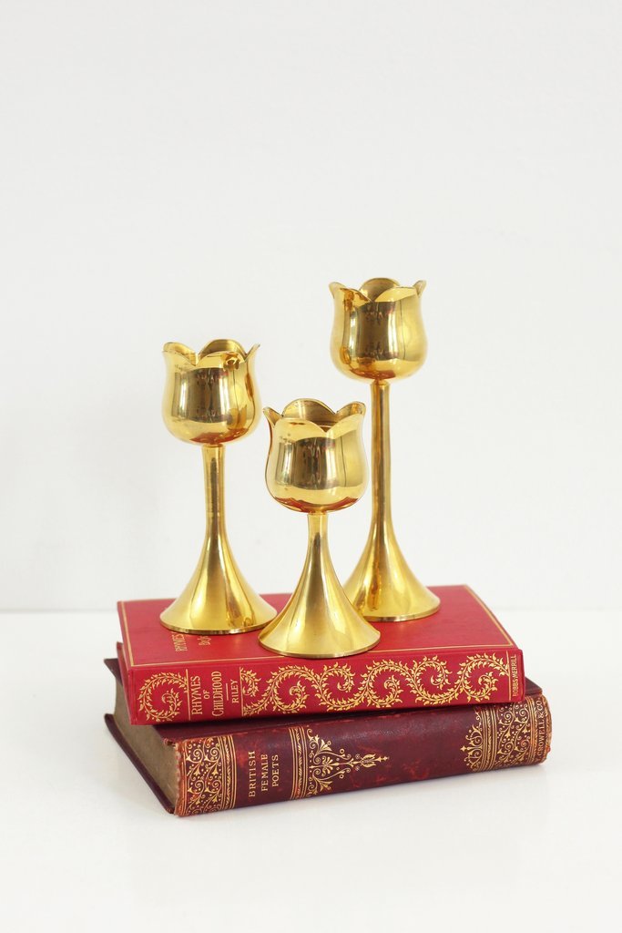 Gold Trio Of Mid Century Brass Tulip Candlesticks