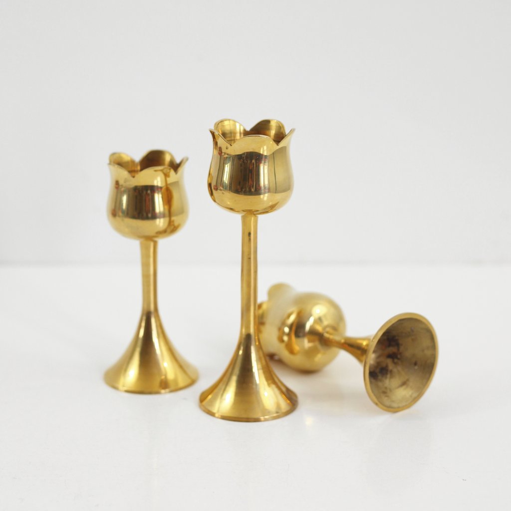 Gold Trio Of Mid Century Brass Tulip Candlesticks