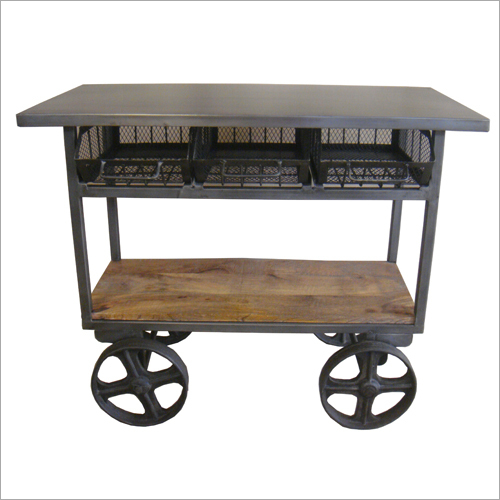 Industrial Trolley - Wooden & Iron Material, Grey Color, Eco-Friendly Design