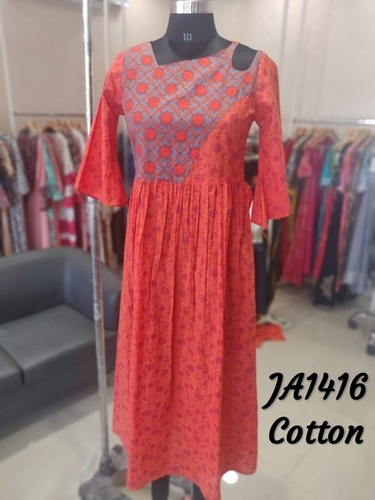 Designer Cotton Kurti - A-Line, Sizes S-XL, Orange | Anti-Wrinkle, Breathable, No Fade, Quick Dry, 3/4 Sleeve, Printed Pattern