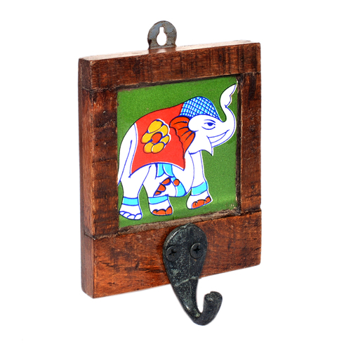 भारतीय हस्तनिर्मित एकल हाथी मुद्रित टाइल लकड़ी का दीवार हुक