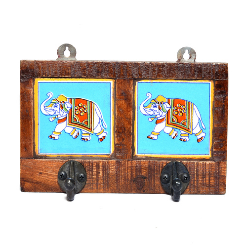 भारतीय हस्तनिर्मित डबल हाथी प्रिंट टाइल लकड़ी का दीवार हुक