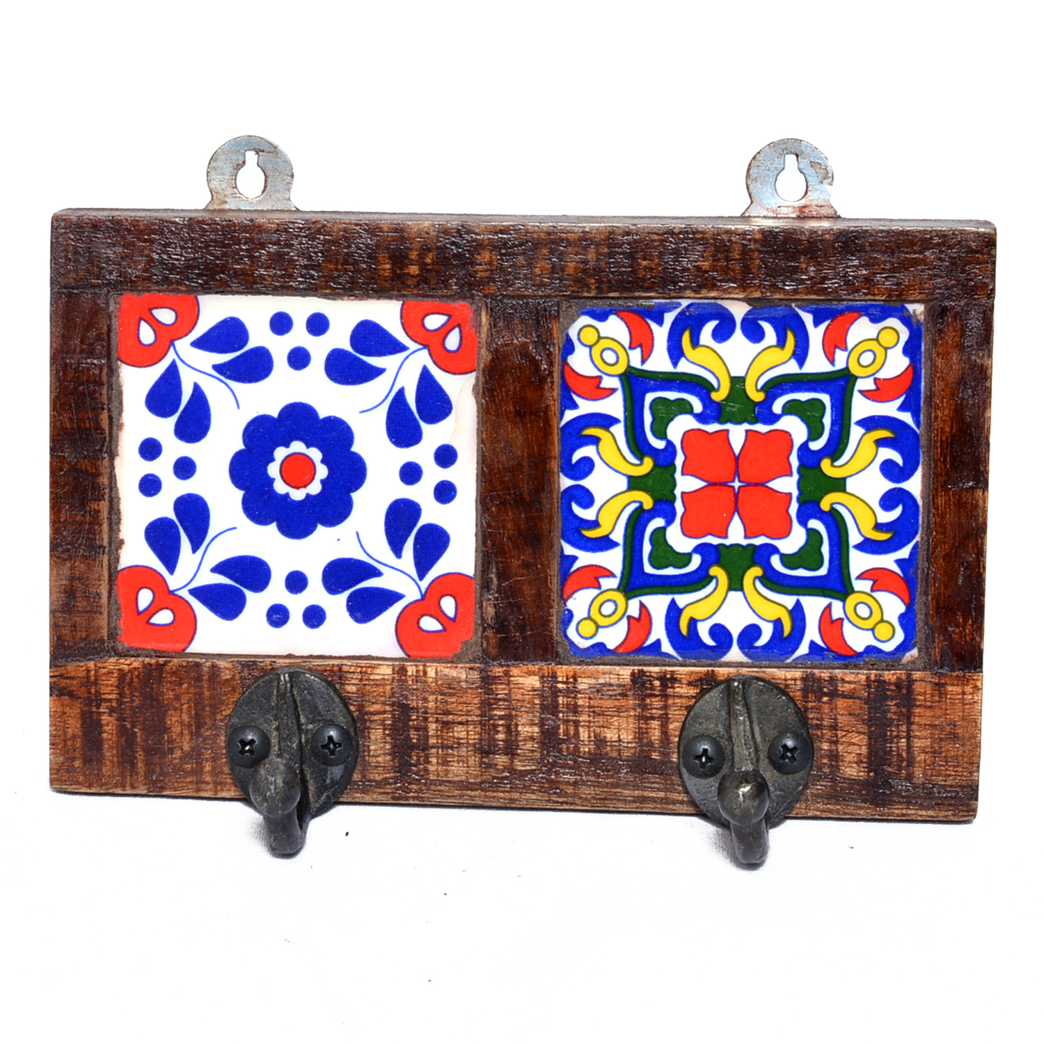 Decorative Flower Printed 2 Tile Wooden Wall Hook Door Hanging