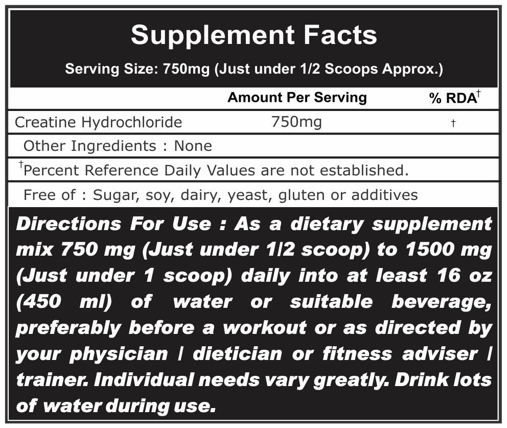 Creatine Hcl - 200g Plastic Bottle, 100% Pure Formula | 2 Veg Capsules, Fast Absorption, Muscle Building, No Side Effects, High Solubility